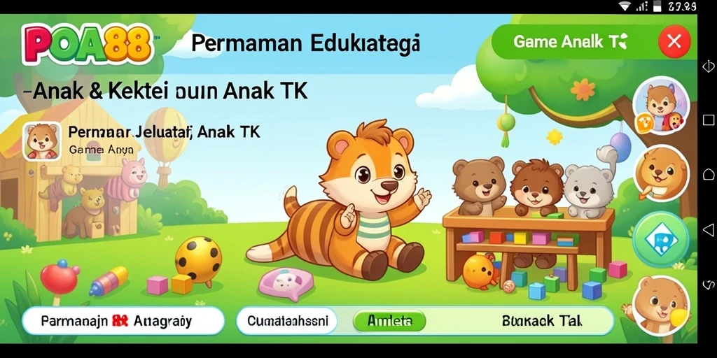 Screenshot menunjukkan antarmuka aplikasi POA88 yang ceria dan interaktif.